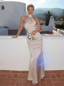 Elegant Satin Backless Ruched Bodycon Maxi Dress