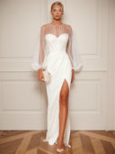 Elegant Beaded Sheer Sleeve Maxi Dress