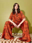Unique Animal Print Satin Back-Slit Tie Shirt And Elastic-Waist Pocket Wide-Leg Pants Set