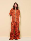 Unique Animal Print Satin Back-Slit Tie Shirt And Elastic-Waist Pocket Wide-Leg Pants Set