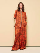 Unique Animal Print Satin Back-Slit Tie Shirt And Elastic-Waist Pocket Wide-Leg Pants Set