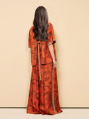 Unique Animal Print Satin Back-Slit Tie Shirt And Elastic-Waist Pocket Wide-Leg Pants Set