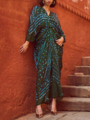 Kimono Tie-Dye Print V-Neck Pleated Robe Maxi Dress