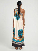 Exquisite Printed One-Shoulder Dress With Detachable Shawl Two-Piece Set