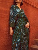Kimono Tie-Dye Print V-Neck Pleated Robe Maxi Dress