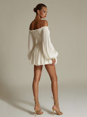 Elegant Off-shoulder Pleated Satin Puff Sleeve Mini Dress
