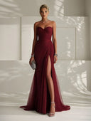 Elegant Red Strapless Pleated Tulle Maxi Dress