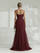Elegant Red Strapless Pleated Tulle Maxi Dress