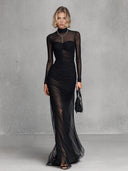 Sexy Sheer Mesh Ruched Bodycon Maxi Dress