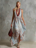 Retro Ethnic Print Sleeveless Chiffon Maxi Dress