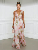 Elegant Pastel Print V-Neck Tie-Waist Slit Maxi Dress
