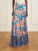 Retro Floral Print Ruffle Slit Maxi Skirt
