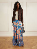 Retro Floral Print Ruffle Slit Maxi Skirt