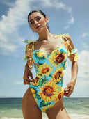 Sunflower Print Tie-Waist Hard-Pouch One-Piece Swimsuit