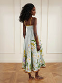 Unique Floral Print Linen Midi Dress