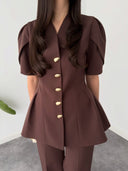 Elegant Puff Sleeve Top And Straight-Leg Trousers Two-Piece Set