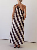 Elegant Striped Print One-Shoulder Tie-Waist Side Pockets Maxi Dress