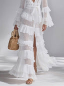 Bohemian Sheer Lace Ruffle Wrap Maxi Dress