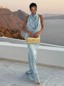 Elegant Blue Draped Neckline Satin Maxi Dress