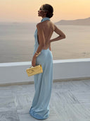 Elegant Blue Draped Neckline Satin Maxi Dress