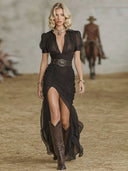 Elegant Puff Sleeve Asymmetrical Ruffle Hem Maxi Dress