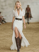 Elegant Puff Sleeve Asymmetrical Ruffle Hem Maxi Dress