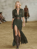 Elegant Puff Sleeve Asymmetrical Ruffle Hem Maxi Dress