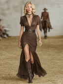 Elegant Puff Sleeve Asymmetrical Ruffle Hem Maxi Dress