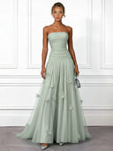 Elegant Yellow Strapless Ruched Tulle Evening Maxi Dress