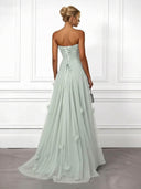 Elegant Yellow Strapless Ruched Tulle Evening Maxi Dress