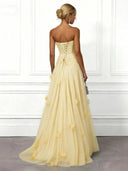 Elegant Strapless Ruched Tulle Evening Maxi Dress
