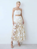 Elegant Strapless Floral Lace Crop Top & Maxi Skirt Two-Piece Set