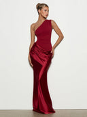 Elegant One-Shoulder Ruched Satin Maxi Dress