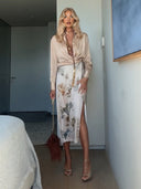 Elegant Knotted Blouse Paired With A Printed Skirt Two-piece Set