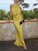 Elegant Draped Neckline Exquisite Satin Maxi Dress