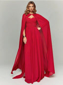 Elegant Strapless Ruched Maxi Dress With Flowing Cape