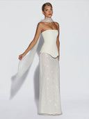 Elegant Strapless Sequin Skirt And Shawl Two-Piece Set