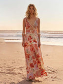 Exquisite Printed Cutout V-Neck Lace Trim Maxi Dress