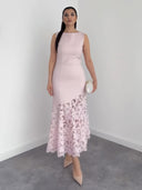Elegant Sleeveless Lace Hem Mermaid Maxi Dress
