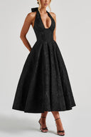 Vintage Elegant Jacquard V-Neck Halter Midi Dress