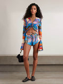 Unique Printed Satin Bell-Sleeve Top and Shorts Set
