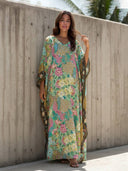 Modern Casual Peacock Print Kimono Beach Maxi Dress