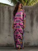 Retro Diamond Print Kimono Kaftan Beachwear Maxi Dress