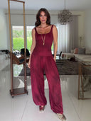 Casual Wine Red Suspender Printed Jumpsuit