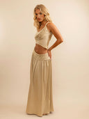 Elegant Ruched One-Shoulder Crop Top And Wide-Leg Pants Set