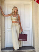 Elegant Ruched One-Shoulder Crop Top And Wide-Leg Pants Set