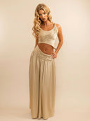 Elegant Ruched One-Shoulder Crop Top And Wide-Leg Pants Set