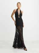 Sexy Plunge Halter Neck Black Lace See-Through Maxi Dress