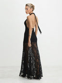 Sexy Plunge Halter Neck Black Lace See-Through Maxi Dress