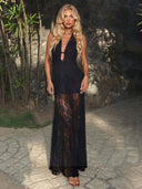 Sexy Plunge Halter Neck Black Lace See-Through Maxi Dress